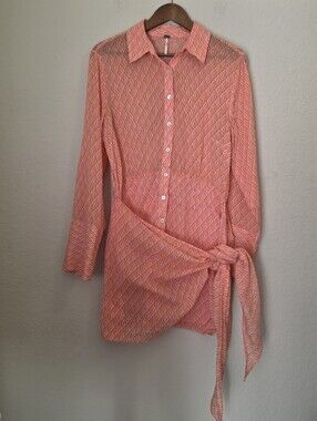 Free People Rillo Mini Shirtdress Womens SP Orange Pink Diamond Front Tie Beachy